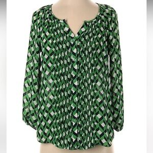 Charter Club Green Graphic Blouse with Notched Collar